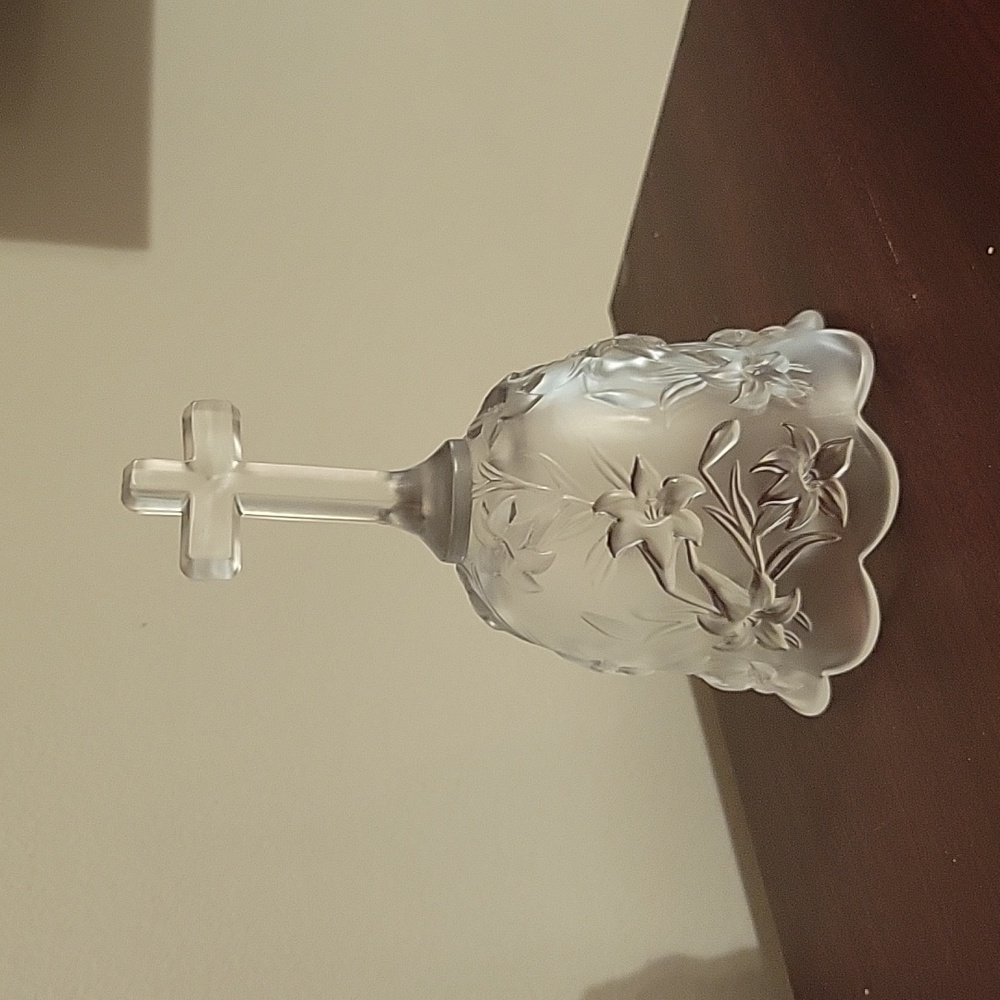 Fenton white frosted Glass Easter Bell with Cross Handle, Home Decor